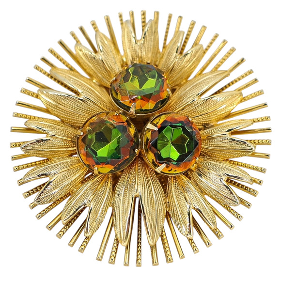 Large Vintage Watermelon Glass Rhinestone Brooch - Starburst Design - Picture 4 of 11